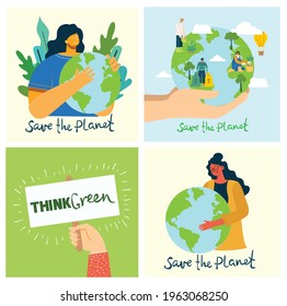 Set of eco save environment pictures. People taking care of planet collage. Zero waste, think green, save the planet, our home hand written text in the modern flat design