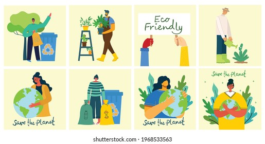 Set of eco save environment pictures. People taking care of planet collage. Zero waste, think green, save the planet, our home hand written text in the modern flat design