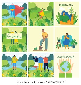 Set of eco save environment pictures. People taking care of planet collage. Zero waste, think green, save the planet, our home hand written text in the modern flat design