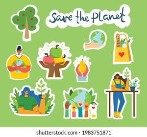 Set of eco save environment pictures. People taking care of planet collage. Zero waste, think green, save the planet, our home hand written text in the modern flat design