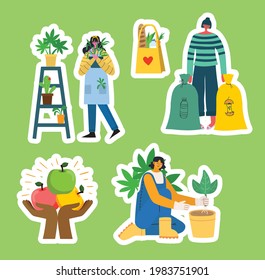Set of eco save environment pictures. People taking care of planet collage. Zero waste, think green, save the planet, our home hand written text in the modern flat design