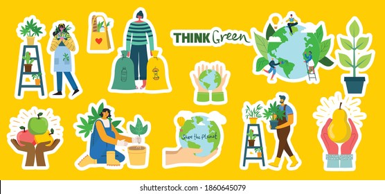 Set of eco save environment stickers pictures. People taking care of planet collage. Zero waste, think green, save the planet, our home hand written text in the modern flat design