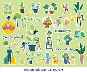 Set of eco save environment stickers pictures. People taking care of planet collage. Zero waste, think green, save the planet, our home hand written text in the modern flat design