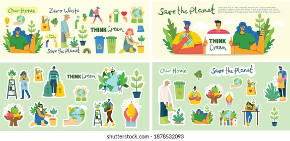 Set of eco save environment stickers pictures. People taking care of planet collage. Zero waste, think green, save the planet, our home hand written text in the modern flat design