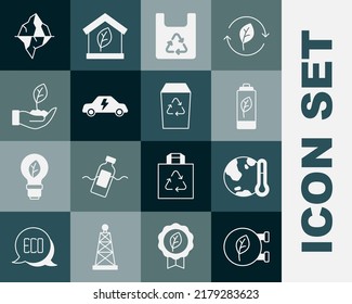 Set Eco shop, Earth melting to global warming, nature leaf battery, Shopping bag with recycle, Electric car, Plant hand, Iceberg and Recycle bin icon. Vector