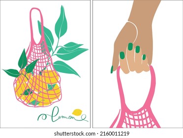 Set of eco shopping bags with lemons. A woman's hand holds a net with lemons. Zero waste, no plastic concept. Fruit from the local market. Color fashion vector illustration. Cartoon style. flat design