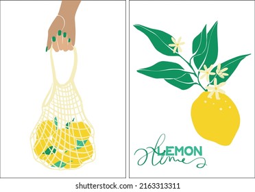 Set of eco shopping bags with lemons. A woman's hand holds a net with lemons. Zero waste, no plastic concept. Fruit from the local market. Color fashion vector illustration. Cartoon style. flat design