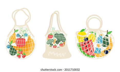 Set of eco shopping bags with vegetables, fruits and healthy drinks. Dairy food in reusable eco friendly shopper net. Zero waste, plastic free concept. Flat trendy design