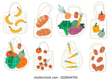 Serie de bolsitas de red de compras ecológicas con varios productos. Frutas y verduras. Estilo de caricatura. Diseño plano