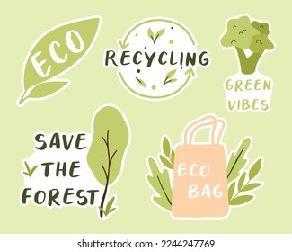 Set of eco stickers. Eco friendly stickers. Collection of stickers eco bag, eco, recycling, save the forest. Vector illustration. Flat hand drawn style.