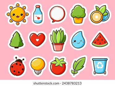 Set of eco stickers in kawaii style. Cute eye-catching summer tag, label collection with cute sun, water drop, plant. Collection of trendy sticker with cartoon characters. Vector illustration EPS8