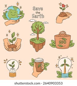 Set of eco stickers. Save planet Earth. Environment rescue. Eco bag, plants, planet, leaves. Flat vector illustration.