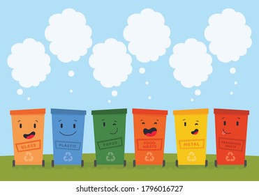 Set with eco trash cans with titles Plastic, Paper, Metal, Food waste, Glass, Hazardous waste. Zero waste concept. Cute character, mascot. Vector cartoon flat illustration on colored backdrop. 