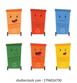 Set with eco trash cans with titles Plastic, Paper, Metal, Food waste, Glass, Hazardous waste. Zero waste concept. Cute character, mascot. Vector cartoon flat illustration isolated on white. 
