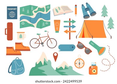 set for eco Traveling . hiking equipment, Ecotourism. vector illustration. summer camp
