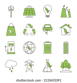 Set of eco vector icons in flat style. Eco collection with various icons on the theme of ecology and green energy. Environmental sustainability simple symbol. Alternative energy .