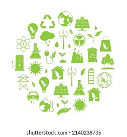 Set of eco vector icons in flat style. Eco collection with various icons on the theme of ecology and green energy. Environmental sustainability simple symbol. Alternative energy .