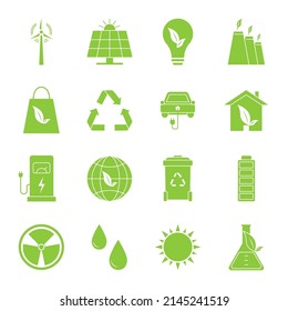 Set of eco vector icons in flat style. Eco collection with various icons on the theme of ecology and green energy. Environmental sustainability simple symbol. Alternative energy .