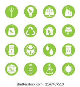 Set of eco vector icons in flat style. Eco collection with various icons on the theme of ecology and green energy. Environmental sustainability simple symbol. Alternative energy .