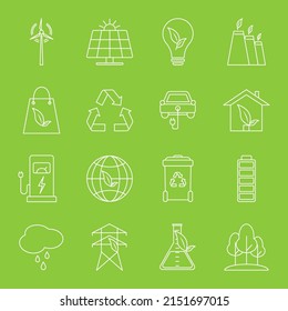 Conjunto de iconos ecológicos vectoriales en estilo plano. Colección ecológica con varios íconos sobre el tema de la ecología y la energía verde. Símbolo sencillo de sostenibilidad ambiental. Energía alternativa .