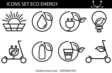 Set of eco vector icons in flat style. Eco collection with various icons on the theme of ecology and green energy. Isolated, editable and scalable icons