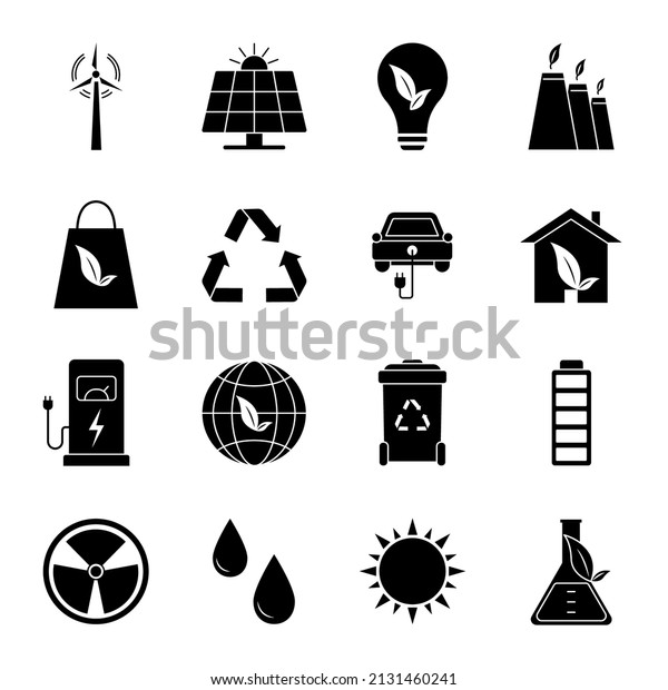 Set of\
eco vector icons in flat style. Eco collection with various icons\
on the theme of ecology and green energy. Environmental\
sustainability simple symbol. Alternative energy\
.