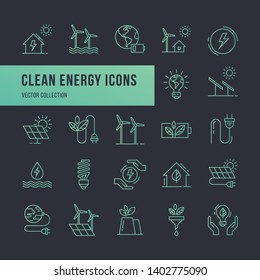 Set of eco vector icons in line style. Eco collection with various icons on the theme of ecology and green energy. Isolated, editable and scalable icons.