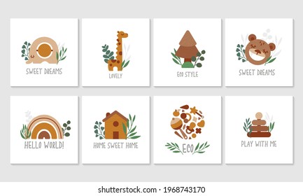 Set of Eco wooden toys with eucalyptus leaves, cute kids card, poster, flyer. Sweet dream. Neutral colors illustration isolated on white background. Vector