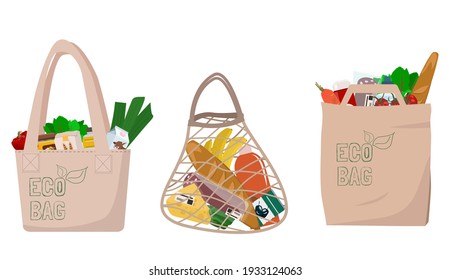 Eco-bolsas con productos.  Cero desperdicio. Embalaje, bolsa hecha de materiales naturales reciclados.  Ilustración vectorial.