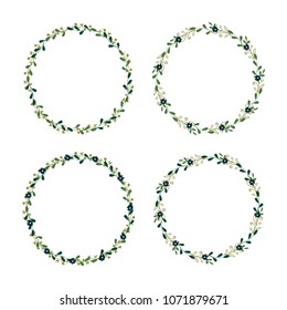 Set Eco-frame, round wreath for greeting card design, wedding invitations, logos, business cards, printed editions. Green botanical template with text. Flower elements, bushes, branches, leaves.
