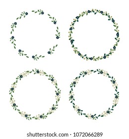 Set Eco-frame, round wreath for greeting card design, wedding invitations, logos, business cards, printed editions. Green botanical template with text. Flower elements, bushes, branches, leaves.