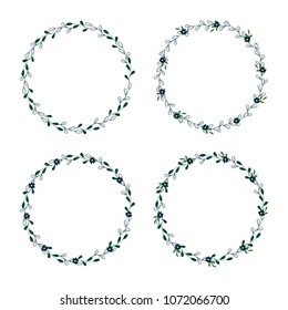 Set Eco-frame, round wreath for greeting card design, wedding invitations, logos, business cards, printed editions. Green botanical template with text. Flower elements, bushes, branches, leaves.