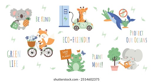 Conjunto de animales ecológicos con lemas. Ecología y reciclaje cita colección. Lindas ilustraciones dibujadas a mano de una jirafa, koala, ballena, zorro y elefante en un estilo plano.  Fondo blanco aislado