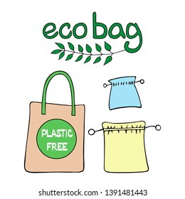 Set eco-friendly bag alternative to plastic pacts for going to the store for shopping. inscription lettering eco bag and plastic free. isolated vector illustration