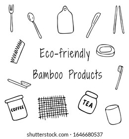 Set eco-friendly bamboo products doodle illustration. A glass, a stand for soap, soap, a toothbrush, fork, spoon, knife, bamboo sticks, comb, cup, rug, coffee jar, tea jar, food cutting, soap lies
