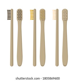 Set of eco-friendly bamboo toothbrushes  isolated on white background. Natural organic bathroom beauty product. Zero waste and eco living, plastic free concept. Vector flat illustration.