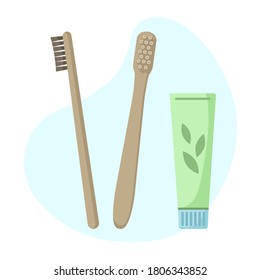 Set of eco-friendly bamboo toothbrushes and toothpaste   isolated on white. Natural organic bathroom beauty product. Zero waste and eco living, plastic free concept.Vector flat illustration.