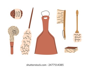 Set of eco-friendly cleaning products. Different brushes and sponges. Organic natural ecological cleaners, soap, brushes. Green housework stuff, clean home supplies. Flat graphic vector illustration