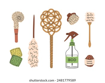 Set of eco-friendly cleaning products. Different brushes. Organic natural ecological cleaners, soap, brushes. Green housework stuff, clean home supplies. Flat graphic vector illustration isolated on