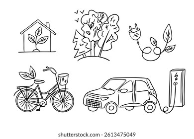 Set of eco-friendly doodles with electric car, bike, trees, house with plant and energy plug with leaves. Illustrates sustainability, green living and environmental responsibility in hand drawn style