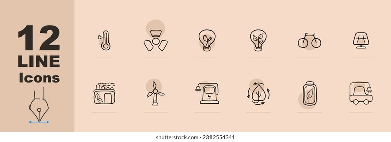Set of eco-friendly energy icons representing renewable energy sources such as solar power, wind power, hydroelectricity. Pastel color background. Vector line icon