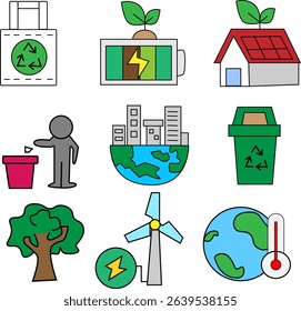 Set of Eco-Friendly Environment Icons Including Renewable Energy, Recycling, Sustainability, and Green Technology Concepts for Clean Future Design