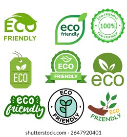 Set of eco-friendly green badges and icons with text such as organic, go green, and natural product.