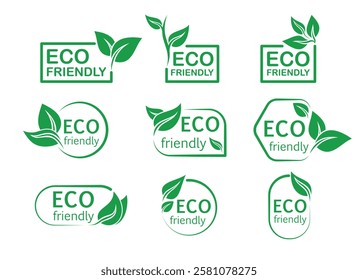 Set of eco-friendly green leaf labels, sustainable badges, environmental icons, nature symbol, vector illustration, isolated on white.