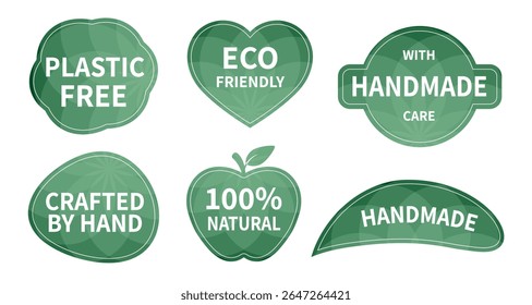 Set of eco-friendly and handmade stickers designed for sustainable brands. Natural ingredients, handmade production and environmental awareness. Great for organic cosmetics and eco food packaging