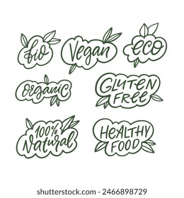Set of eco-friendly and health-conscious food labels and badges including organic, vegan, and gluten-free.