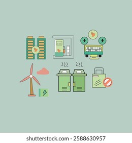 Set of eco-friendly icon illustrations featuring renewable energy, recycling bins, wind turbines, and green technologies. Promotes sustainability concepts in a minimalist and modern style.