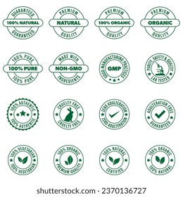 Set of eco-friendly icons: Authentic, Vegetarian, Organic, Natural, Pure, Quality, Adulteration-Free, GMO-Free, Safe Manufacturing practices. Perfect for green product labels and badges.