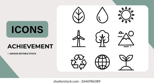 Set of eco-friendly icons.  Line style design, isolated on white background.  Perfect for environmental projects.