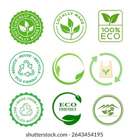 Set of eco-friendly icons and organic food labels. Ideal for natural, sustainable, and healthy product branding.
